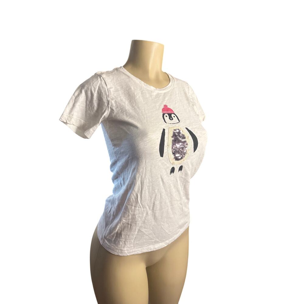 Women XXS J.Crew J. Crew Collector Tee White Penguin T-Shirt Top Sequin Holidays